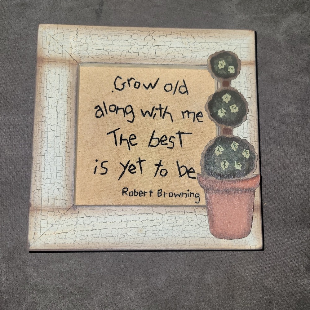 Vintage Grow Old With Me Needlepoint Letters Wall Hanging Plaque Wooden Frame